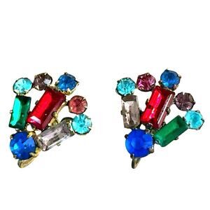 Vintage Czechoslovakian Glass Colorful Cluster Gold Tone Screw Back Earrings